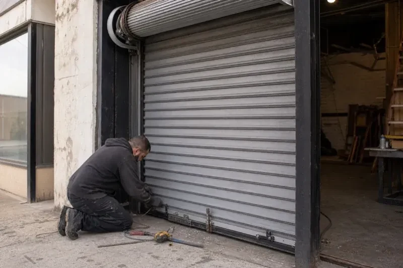 Person kneeling beside the bottom of a metal rolling door with tools on the ground — Commercial Rolling Door Repair, Oro-Medonte