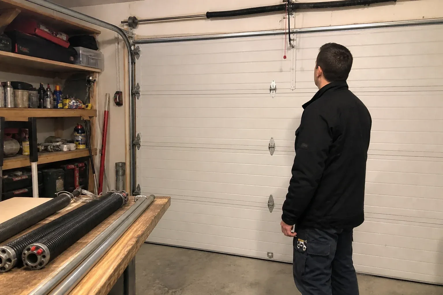 Illustrative garage doors scene; not an actual job — Extension Spring Replacement, Oro-Medonte