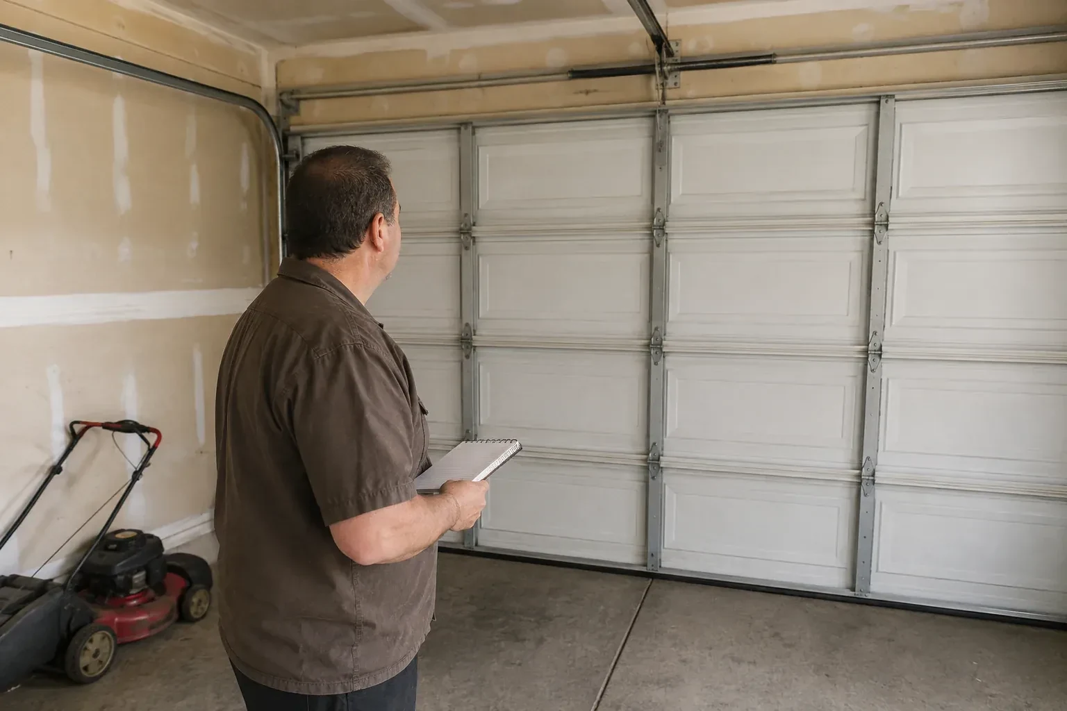 Technician holding a notebook while looking at a closed sectional door. — Garage Door Balance Adjustment, Oro-Medonte