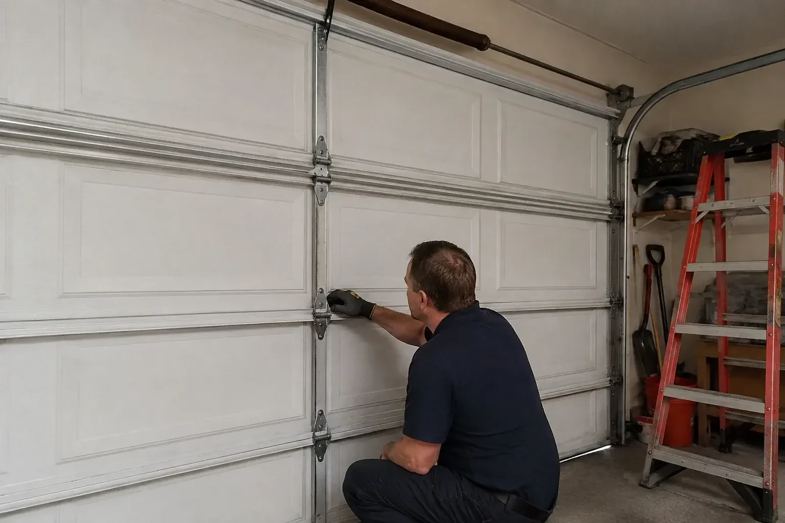 A person examines a central hinge joining two sections of a closed garage door. — Garage Door Hinge Replacement, Oro-Medonte