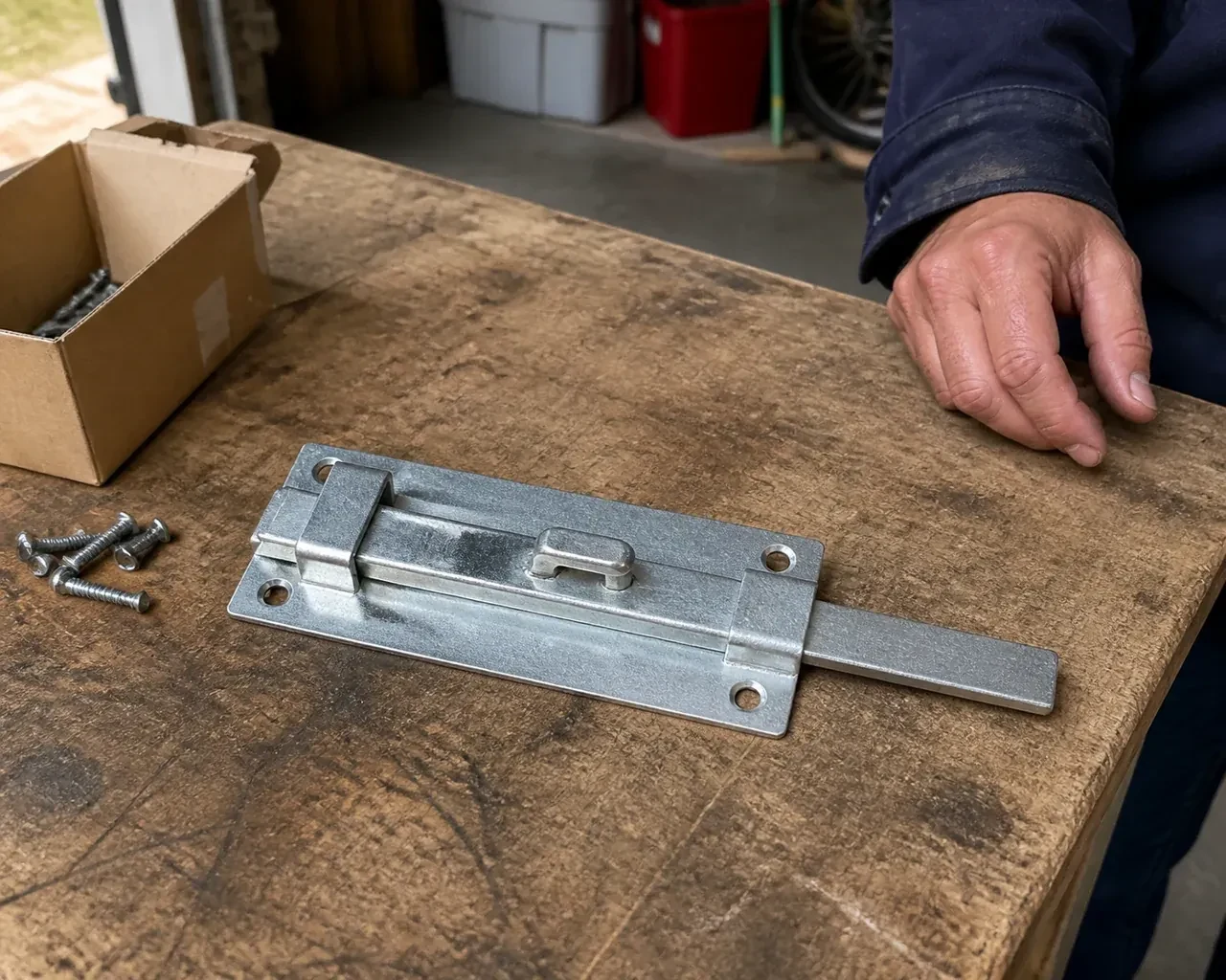 A detached metal slide bolt with mounting holes and retaining guides rests beside screws on a workbench. — Garage Door Manual Lock Repair, Oro-Medonte