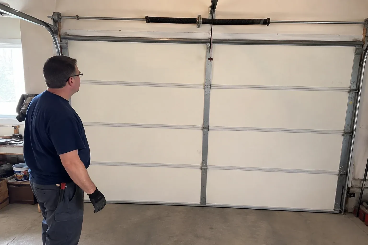 Illustrative garage doors scene; not an actual job — Off-Track Garage Door Reset, Oro-Medonte