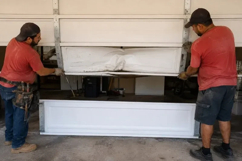 Two people holding a dented lower garage-door section above a separate white panel resting on the ground. — Garage Door Panel Replacement, Oro-Medonte