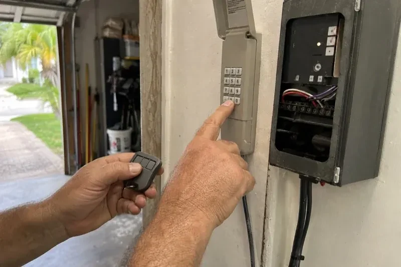 Hands holding a small remote and pressing a wall-mounted keypad beside an open control box with visible wiring. — Garage Door Remote and Keypad Programming, Lakeview