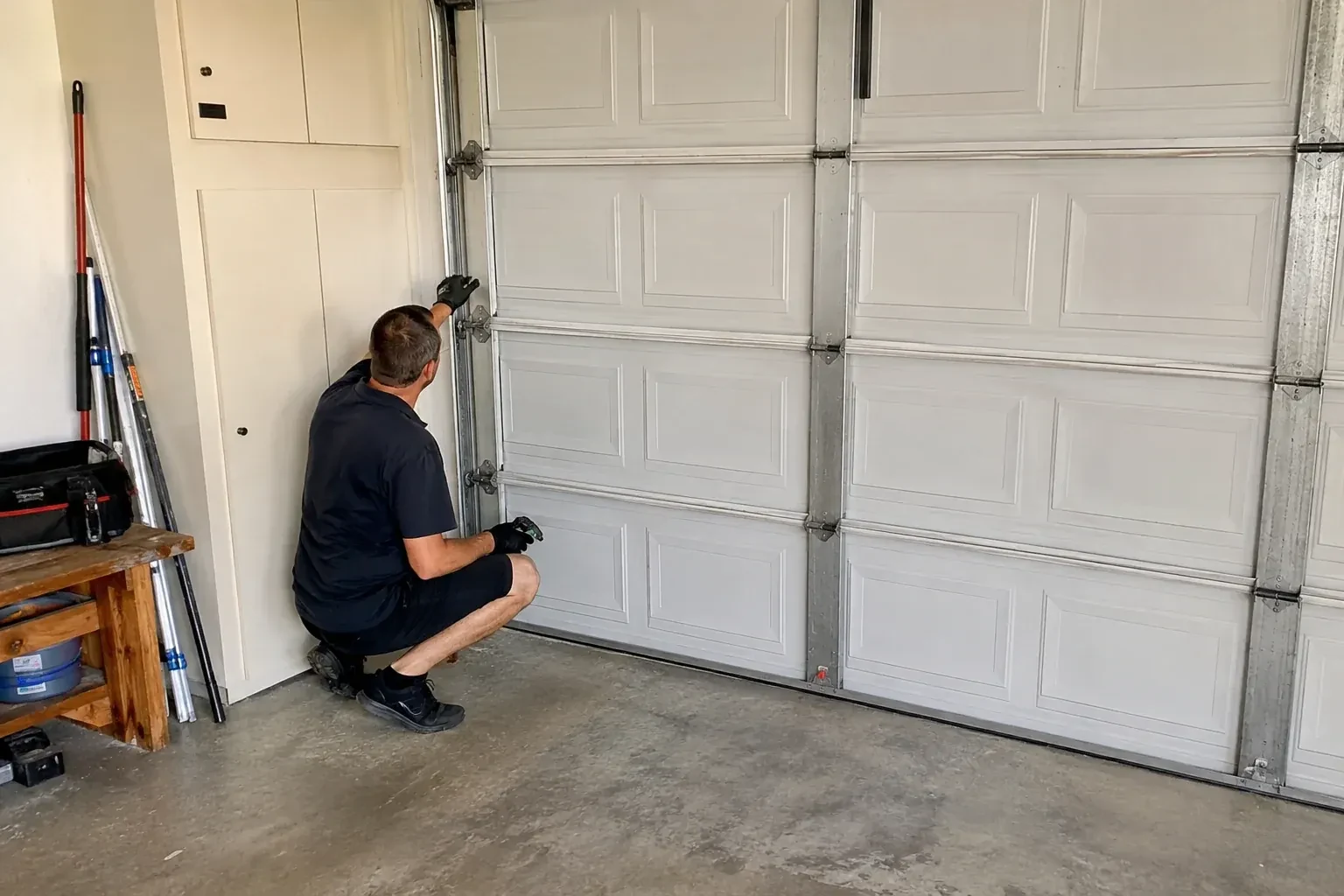 A person kneels beside the side track and hinges of a closed sectional garage door. — Garage Door Safety Inspection, Oro-Medonte