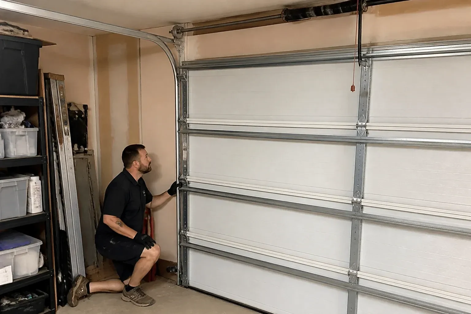 A person examines the vertical side track of a closed garage door. — Garage Door Track Repair or Replacement, Oro-Medonte