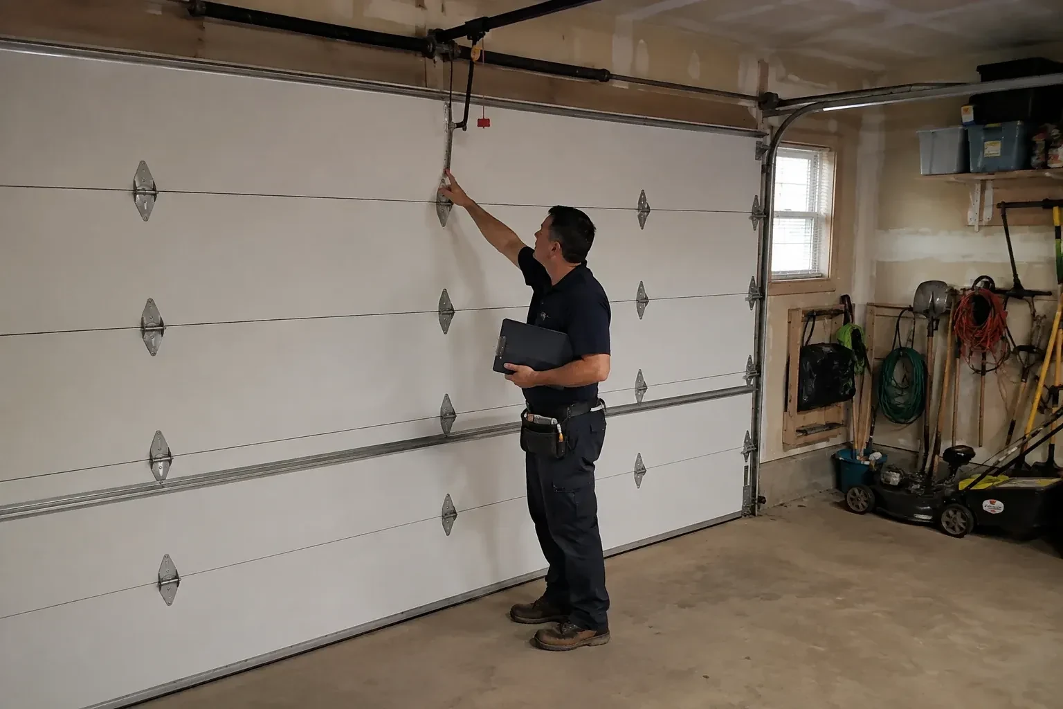 A person holding a clipboard examines the interior hardware of a closed garage door. — Garage Door Tune-Up, Oro-Medonte