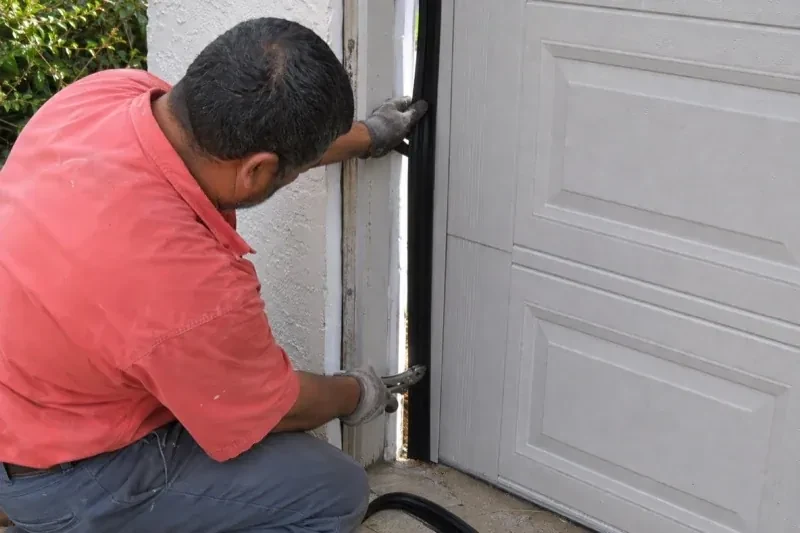 Gloved person holding a black strip along the side of a sectional garage-door opening — Garage Door Perimeter Weatherstrip, Oro-Medonte