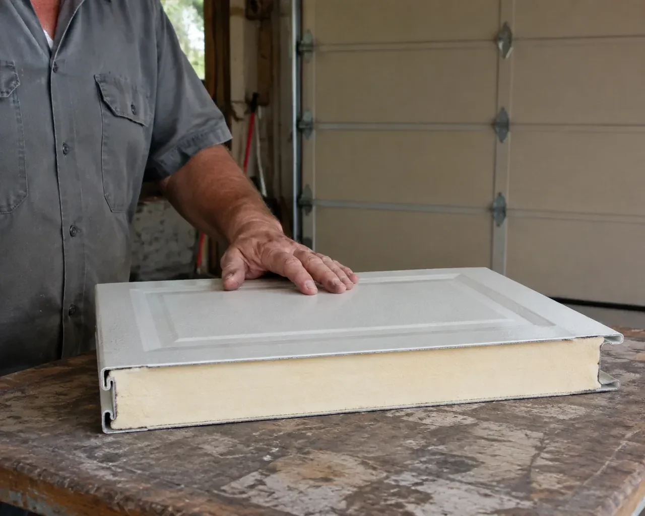 A panel sample exposes a cream foam core between thin metal faces on a garage workbench. — Insulated Steel Garage Door Installation, Oro-Medonte