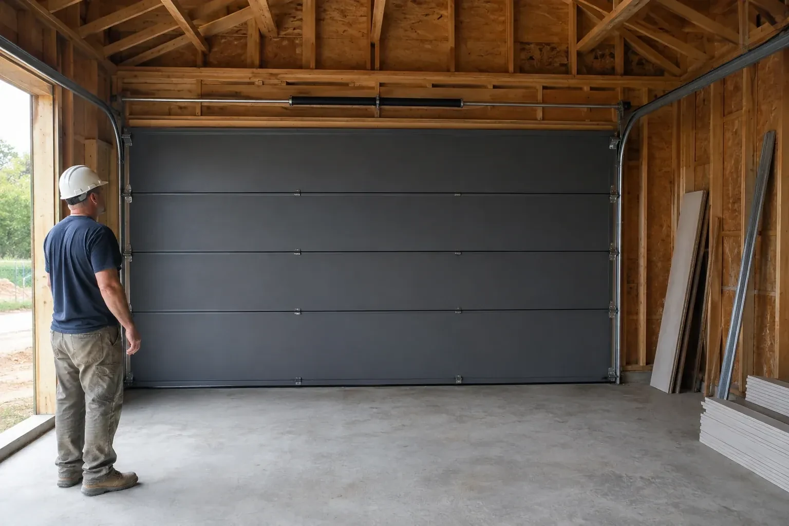 A person wearing a hard hat stands beside a dark sectional door in an unfinished timber-framed garage. — New-Construction Garage Door Installation, Oro-Medonte