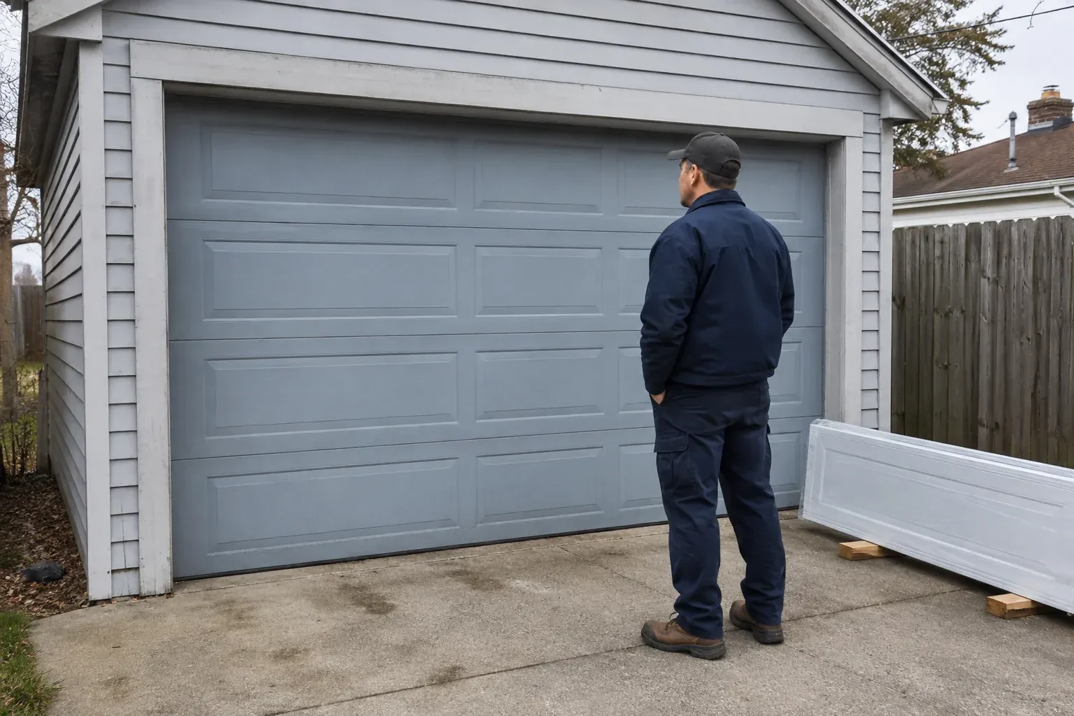 A person examines a blue-grey sectional garage door with a packaged door panel resting beside the driveway. — Sectional Garage Door Replacement, Oro-Medonte