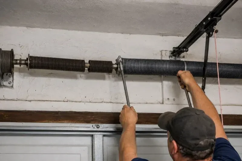 Person holding metal bars beside exposed coiled springs above a garage door. — Torsion Spring Replacement, Oro-Medonte